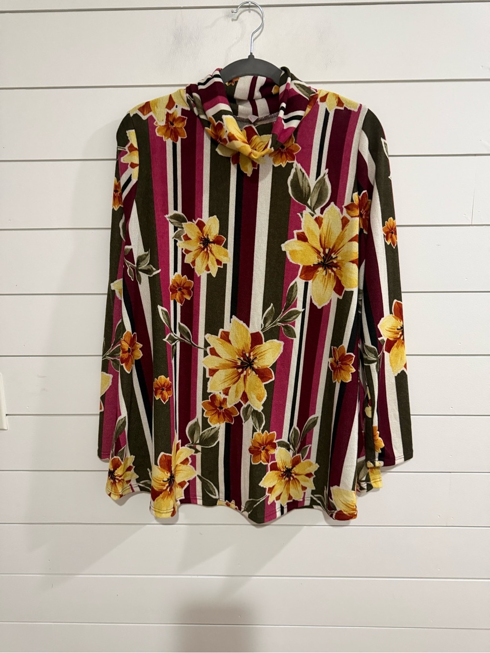 Striped Floral Turtleneck Long Sleeve Top - Yellow & Olive